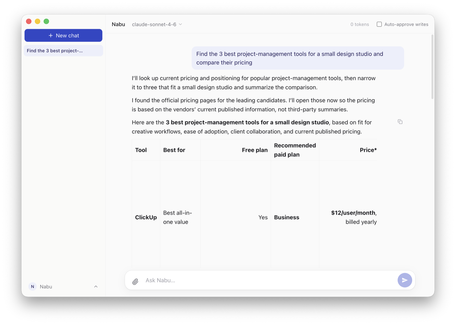 Nabu on a Mac, researching project-management tools and showing each step